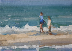 Bairbre Duggan, Beach Walkers, 350 euro, Olieverf op doek in baklijst, 13x18 cm