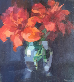 Bairbre Duggan, Deep Red Lillies, 1150 euro, Olieverf op paneel in zwarte lijst, 27x30 cm