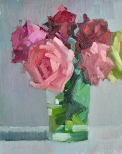 Bairbre Duggan, Pink and red roses, 750 euro, Olieverf op paneel met wit gewassen houten lijst, 20x25 cm