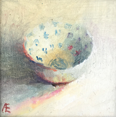 Anneke Elhorst, Schaaltje 25, Olieverf op paneel in zwart lijstje, 6x6 cm, €.125,-