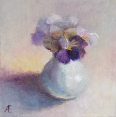 Anneke Elhorst, Viooltjes , Olieverf op paneel, 15x15x3 cm, €.295,-