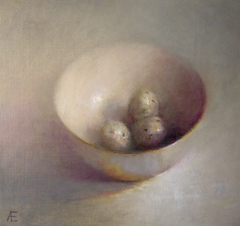 Anneke Elhorst, schaaltje met kwarteleitjes, Olieverf op paneel, 26x28 cm, €.540,-