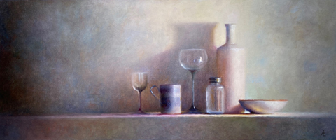 Anneke Elhorst, Glas en porselein, 2300 euro, Olieverf op doek, 50x120 cm