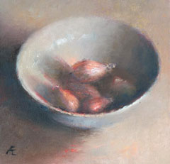 Anneke Elhorst, Sjalotjes, 310 euro, Olieverf op paneel zonder lijst, 15x15x2,5 cm