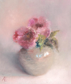 Anneke Elhorst, Rose bloemen, 330 euro, Olieverf op paneel zonder lijst, 18x15x3 cm