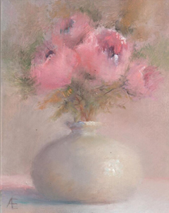 Anneke Elhorst, Pioenen, 275 euro, Olieverf op paneel zonder lijst, 15x12x3 cm
