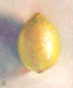 Anneke Elhorst, 1 citroen, 260 euro, Olieverf op paneel zonder lijst, 15x12x3 cm