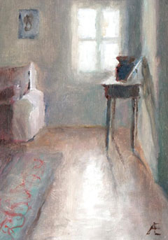 Anneke Elhorst, Interieur I, 250 euro, Olieverf op paneel zonder lijst, 15x10x3,5 cm