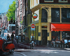 H.J. Hofstra, Rode Scooter in de Jordaan, Acryl op doek, 80x100 cm, €.2450,-