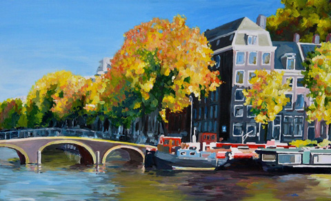Henk Hofstra, Amstel met zicht op de Keizersgracht, 1950 euro, Acryl op doek in baklijst, 55x90 cm