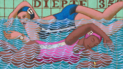 Aline Jansma, Dameszwemmen, Olieverf op paneel, 16x28 cm, €.250,-