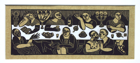 Aline Jansma, Hoe later op de avond, 200 euro, Linosnede in zwarte lijst, 25x45 cm