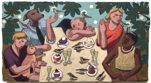 Aline Jansma, Het Feestelijke Gebak,   Euro, Olieverf op paneel in zwarte baklijst, 22x39 cm