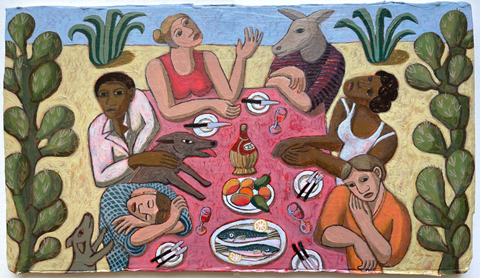 Aline Jansma, Eten in de tuin bij het huisje, 450 euro, Olieverf op paneel in witte baklijst, 23x39 cm