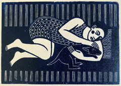 Aline Jansma, Zondagmiddag, 150 euro, Lino snede in wit lijstje, 12x16 cm (not on white paper but more brownisch)