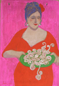 Elisabeth Jonkers, Envelop 3 Pasta op groen bord, Acryl op karton (zonder lijst), 35x24 cm, €.125,-