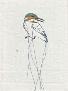 Judith Koning, IJsvogel 3, 125 euro, Gemengde techniek op vintage damast zonder ljist, 24x18 cm