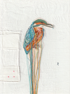 Judith Koning, IJsvogel 4, 125 euro, Gemengde techniek op vintage damast zonder ljist, 24x18 cm