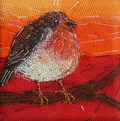 Nicole Ladrak, Roodborstje 820, Schilderij van Textiel, 10x10 cm, €.65,-
