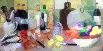 Nicole Ladrak, Eten Koken, Schilderij van Textiel, 60x120 cm, €.900,- 