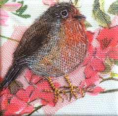 Nicole Ladrak, Roodborstje, Textiel, 10x10 cm, €.65,-