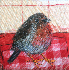 Nicole Ladrak, Roodborstje 1029, Textiel, 10x10 cm, €.65,-