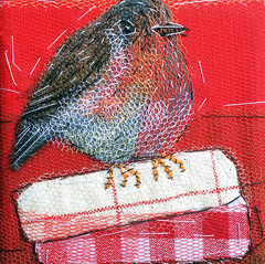 Nicole Ladrak, Roodborstje 1030, Textiel, 10x10 cm, €.65,-