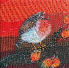 Nicole Ladrak, Roodborstje 1102, Textiel, 15x15 cm, €.100,-