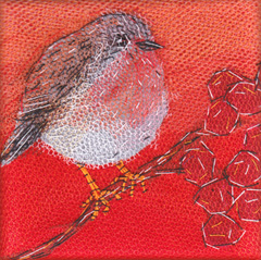 Nicole Ladrak, Roodborstje 1106, Textiel, 10x10 cm, €.65,-