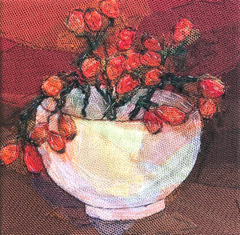 Nicole Ladrak, Rozenbottels, Textiel, 20x20 cm, €.120,-
