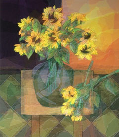 Nicole Ladrak, Zonnebloemen in vaas, Textiel, 85x65 cm, €.650,-