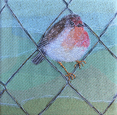 Nicole Ladrak, Roodborstje 1139, Textiel, 15x15 cm, €.100,-