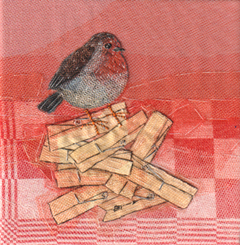 Nicole Ladrak, Roodborst op knjpers, Textiel, 20x20 cm, €.120,-
