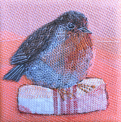 Nicole Ladrak, Roodborstje op doek 1135, Textiel, 10x10 cm, €.65,-
