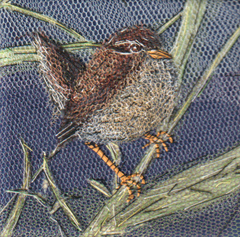Nicole Ladrak, 1226  winterkoninkje, Textiel, 10x10 cm, €.65,-