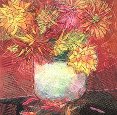 Nicole Ladrak, Dahlia's, Textiel, 20x20 cm, €.120,-