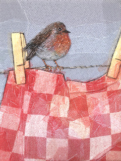 Nicole Ladrak, Theedoek met roodborsrje 1236, Textiel, 24x18 cm, €.120,-