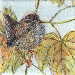 Nicole Ladrak, Herfst 1237 winterkoninkje, Textiel, 10x10 cm, €.65,-