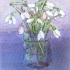 Nicole Ladrak, Sneeuwklokjes in vaasje blauw, 120 euro, Textiel, 20x20 cm