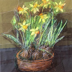 Nicole Ladrak, Narcisjes, Textiel, 25x25 cm, €.150,-