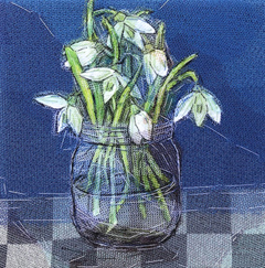 Nicole Ladrak, Sneeuwklokjes op blauwe achtergrond 2, Textiel, 20x20 cm, €.120,-