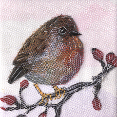 Nicole Ladrak, Roodborstje op tak, 65 euro, Textiel, 10x10 cm