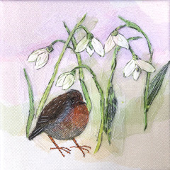 Nicole Ladrak, roodborstje met sneeuwklokjes, 120 euro, textiel 20x20 cm