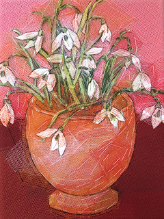 Nicole Ladrak, Sneeuwklokjes roze 1370, 120 euro, Textiel zonder lijst, 24x18 cm
