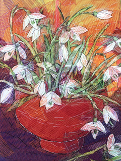 Nicole Ladrak, Sneeuwklokjes rode pot 1376, 120 euro, Textiel zonder lijst, 24x18 cm