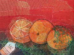 Nicole Ladrak, Sinaasappels in netje, 120 euro, Textiel zonder lijst, 18x24 cm