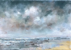 Ineke Mahieu, Januari aan zee, Olieverf op doek in baklijstje,  12x18 cm, €.120,-