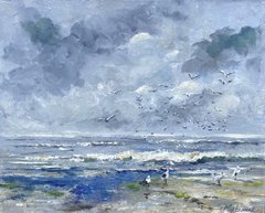 Ineke Mahieu, Vogels aan de vloedlijn, 385 euro, Olieverf op paneel in baklijst, 24x30 cm