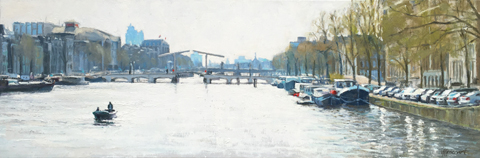 Richard van Mensvoort, Utrechtsestraat 1, Olieverf op doek in bruine baklijst, 40x120 cm, €.2750,-