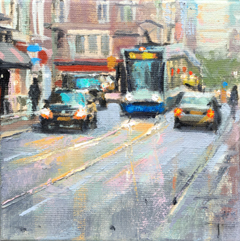 Richard van Mensvoort, Utrechtsestraat 1, Olieverf op doek in zwarte baklijst, 20x20 cm, €.550,-